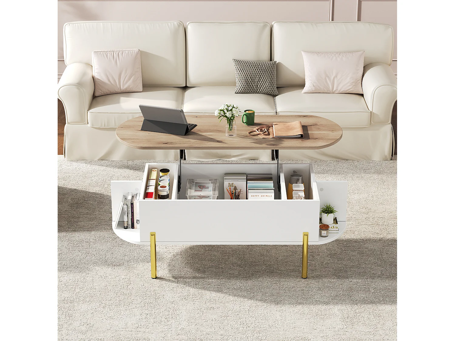 Table basse relevable 120/50/43 cm avec rangement caché MDF blanc et bois naturel