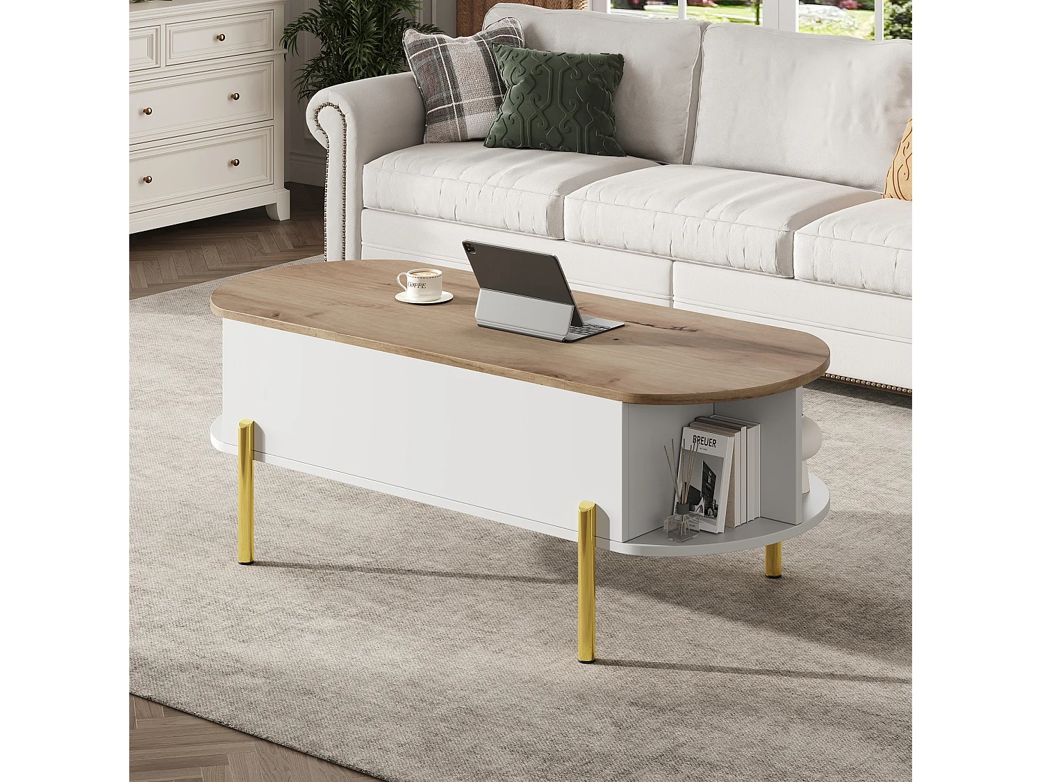 Table basse relevable 120/50/43 cm avec rangement caché MDF blanc et bois naturel