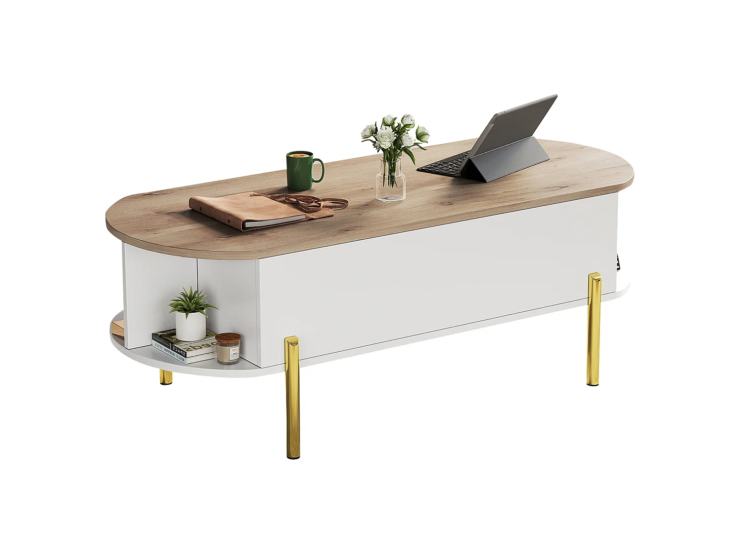Table basse relevable 120/50/43 cm avec rangement caché MDF blanc et bois naturel