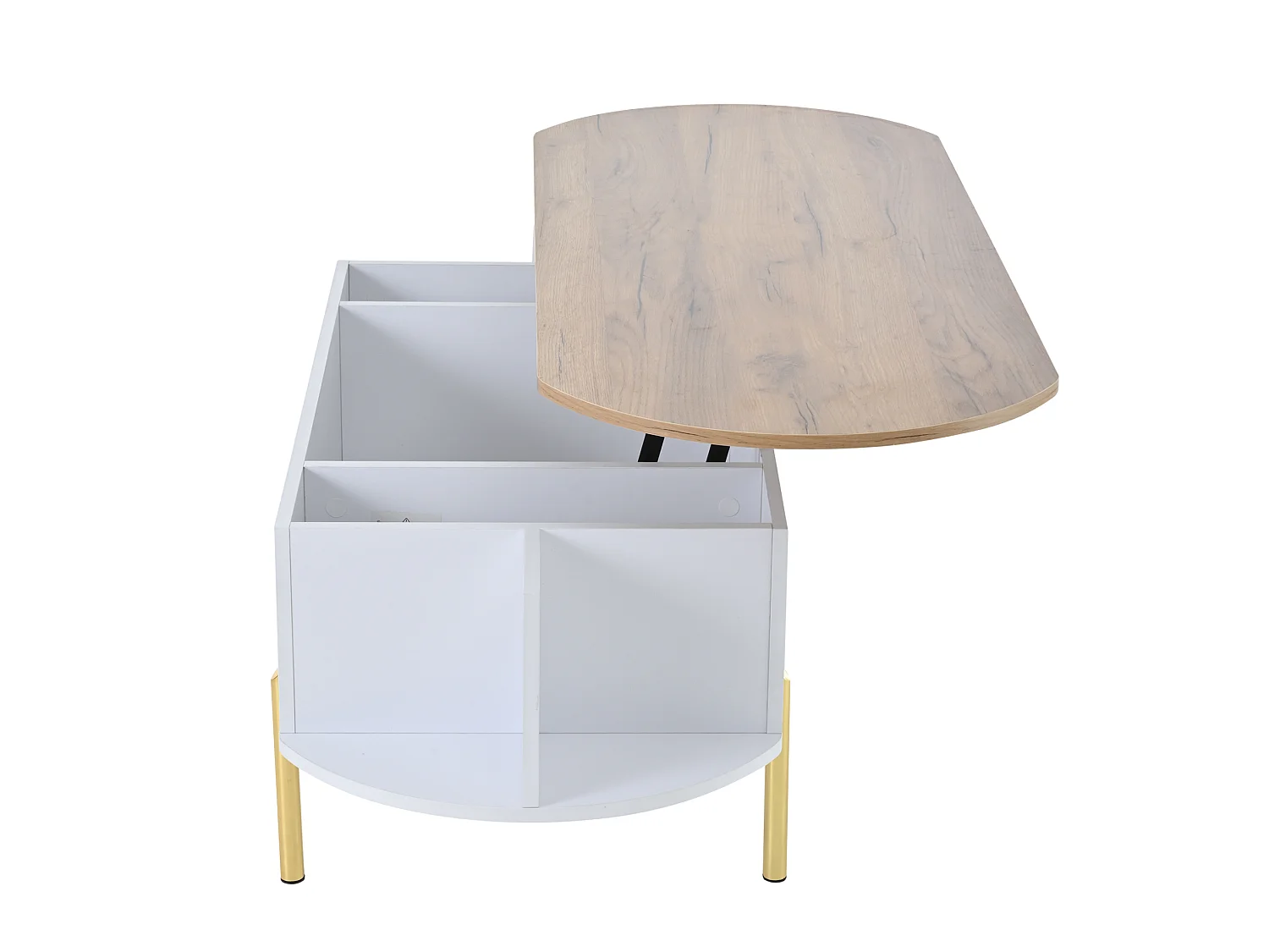 Table basse relevable 120/50/43 cm avec rangement caché MDF blanc et bois naturel