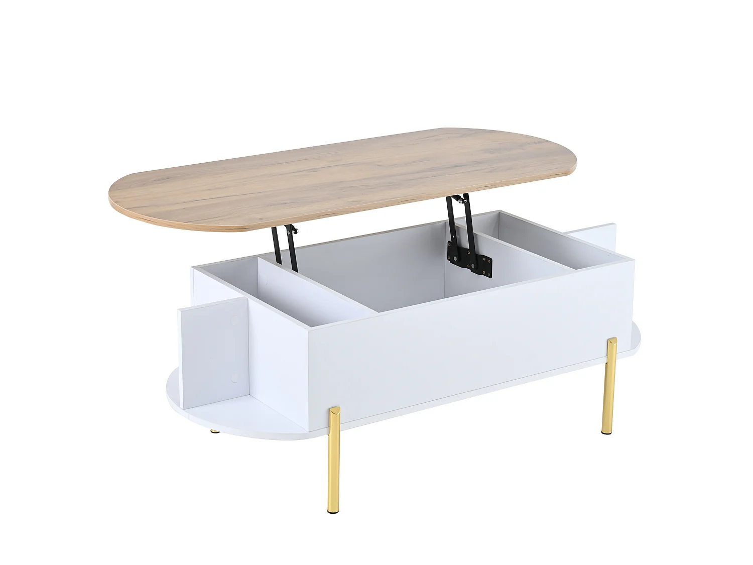 Table basse relevable 120/50/43 cm avec rangement caché MDF blanc et bois naturel