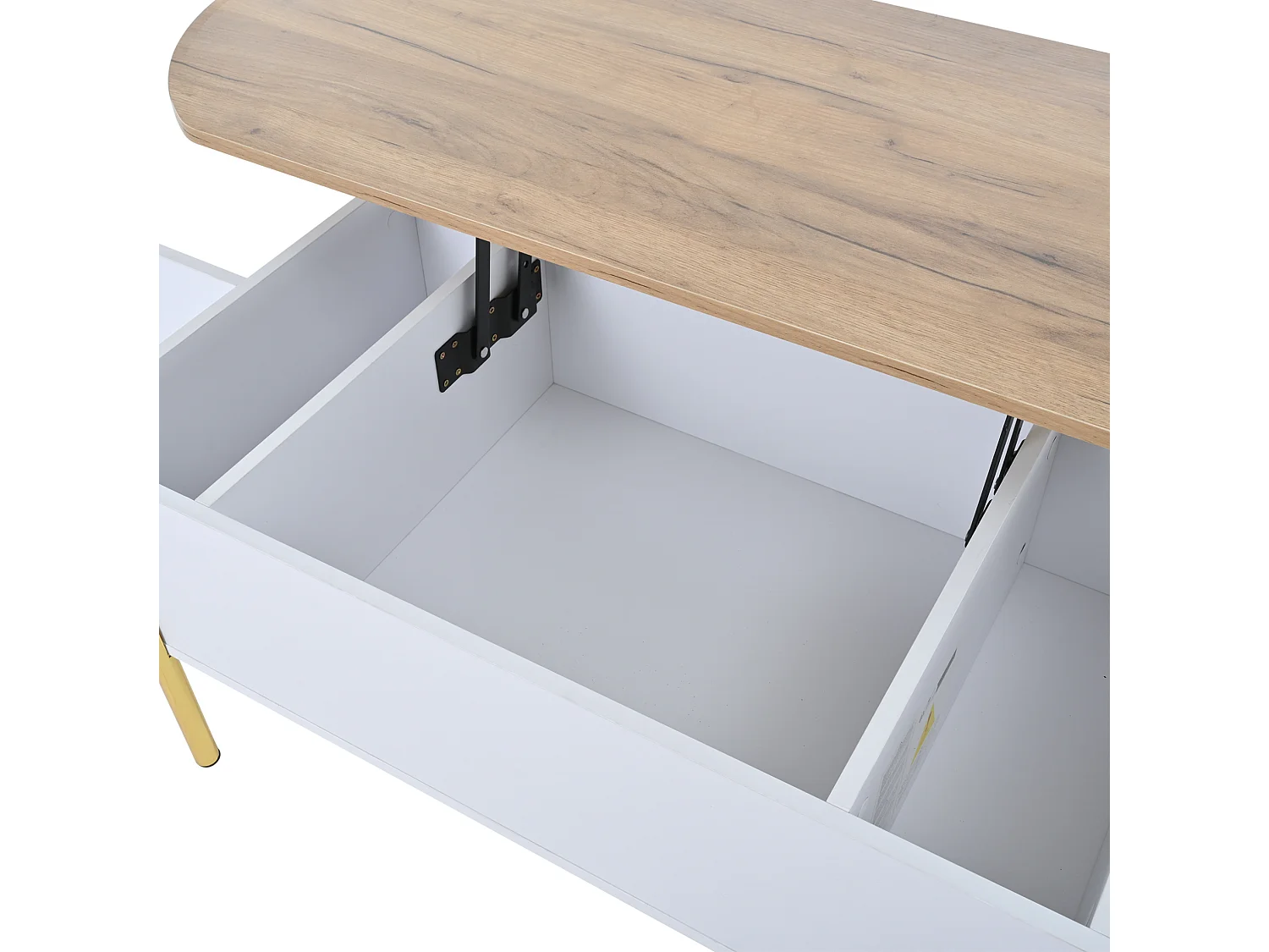 Table basse relevable 120/50/43 cm avec rangement caché MDF blanc et bois naturel