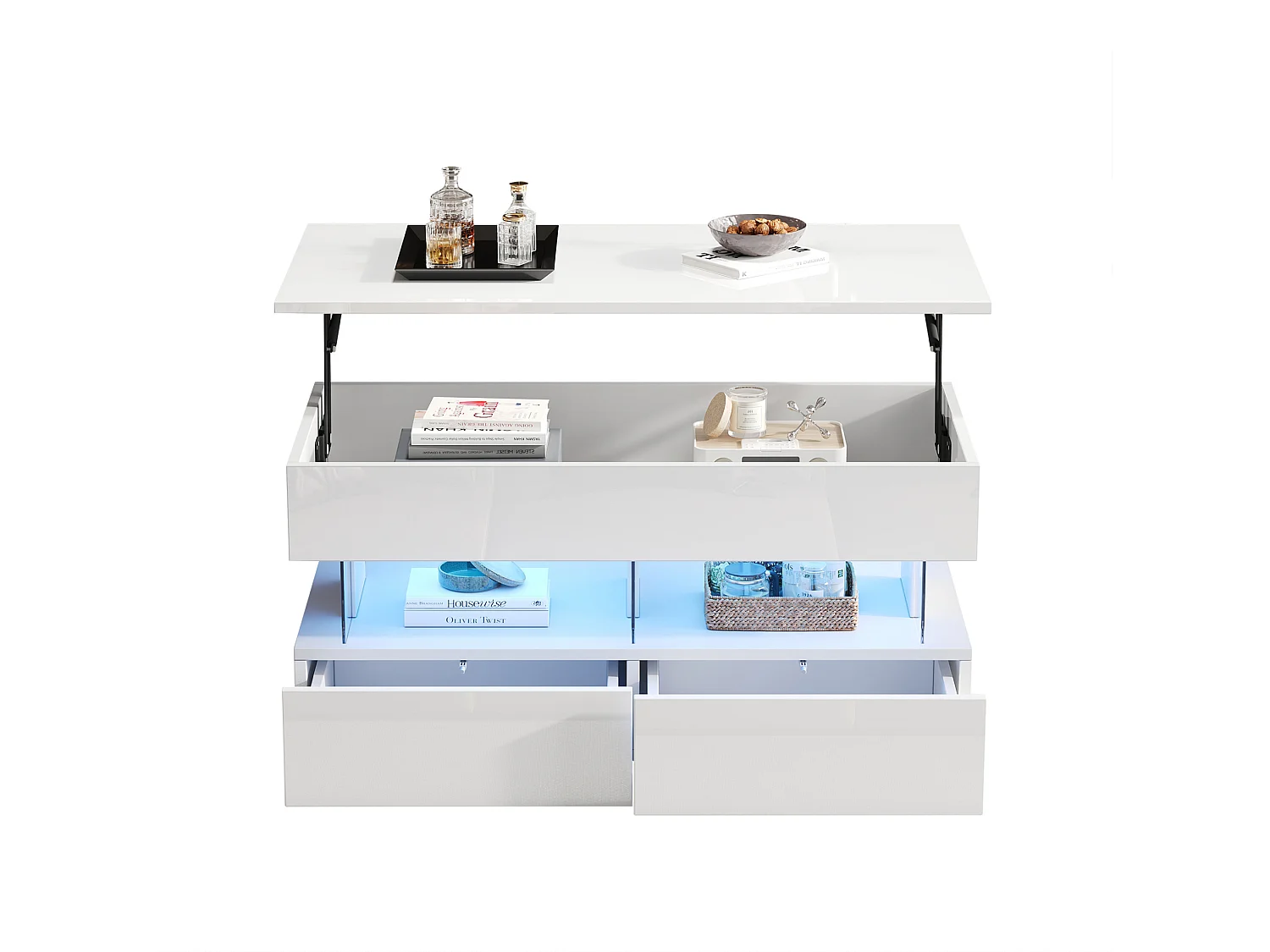 Tavolino da salotto in MDF e acrilico bianco, piano elevabile, 2 cassetti e LED, 100 x 50 x 46 cm