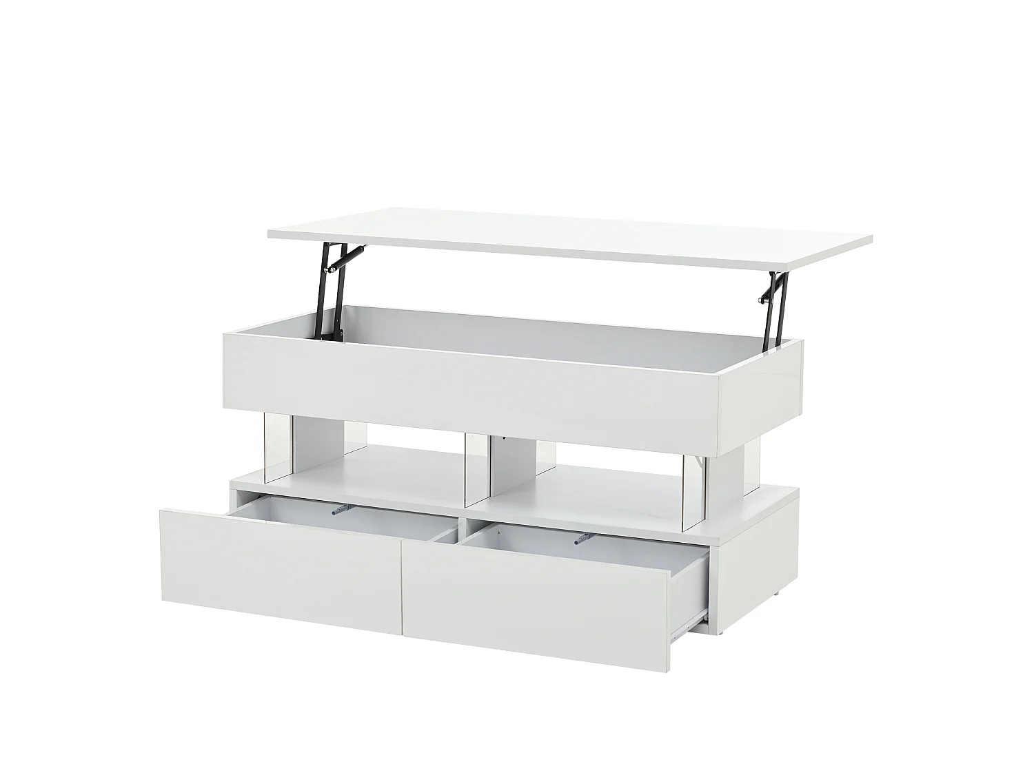 Tavolino da salotto in MDF e acrilico bianco, piano elevabile, 2 cassetti e LED, 100 x 50 x 46 cm