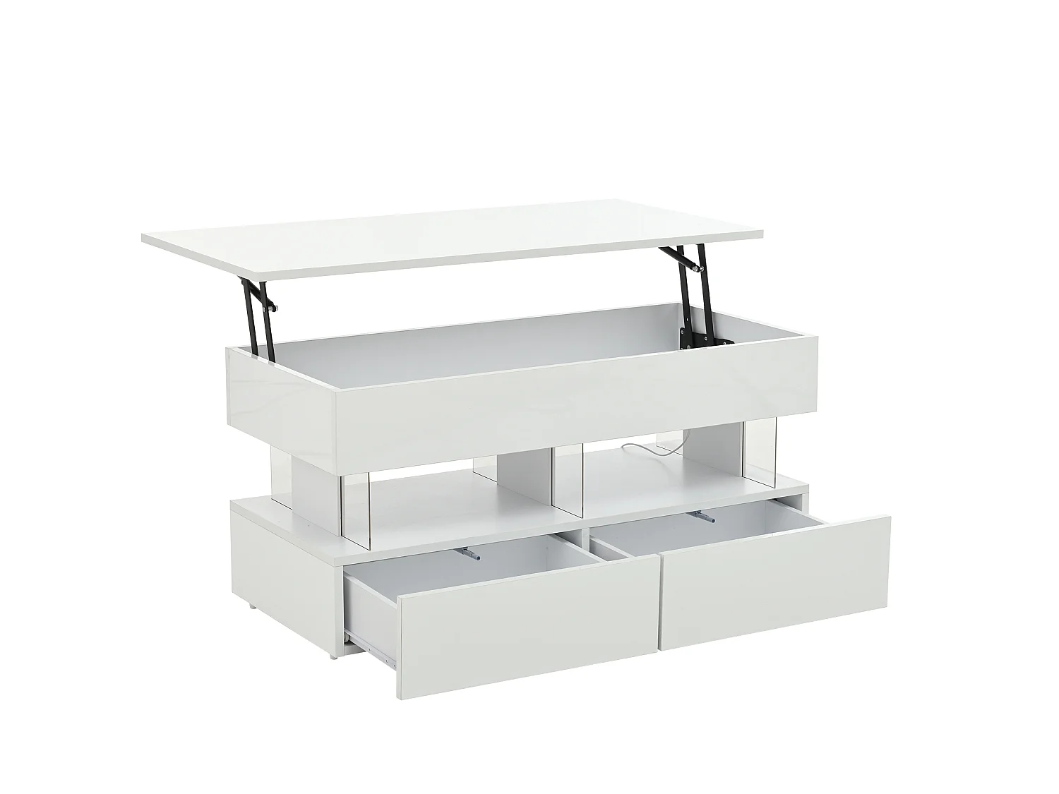 Tavolino da salotto in MDF e acrilico bianco, piano elevabile, 2 cassetti e LED, 100 x 50 x 46 cm