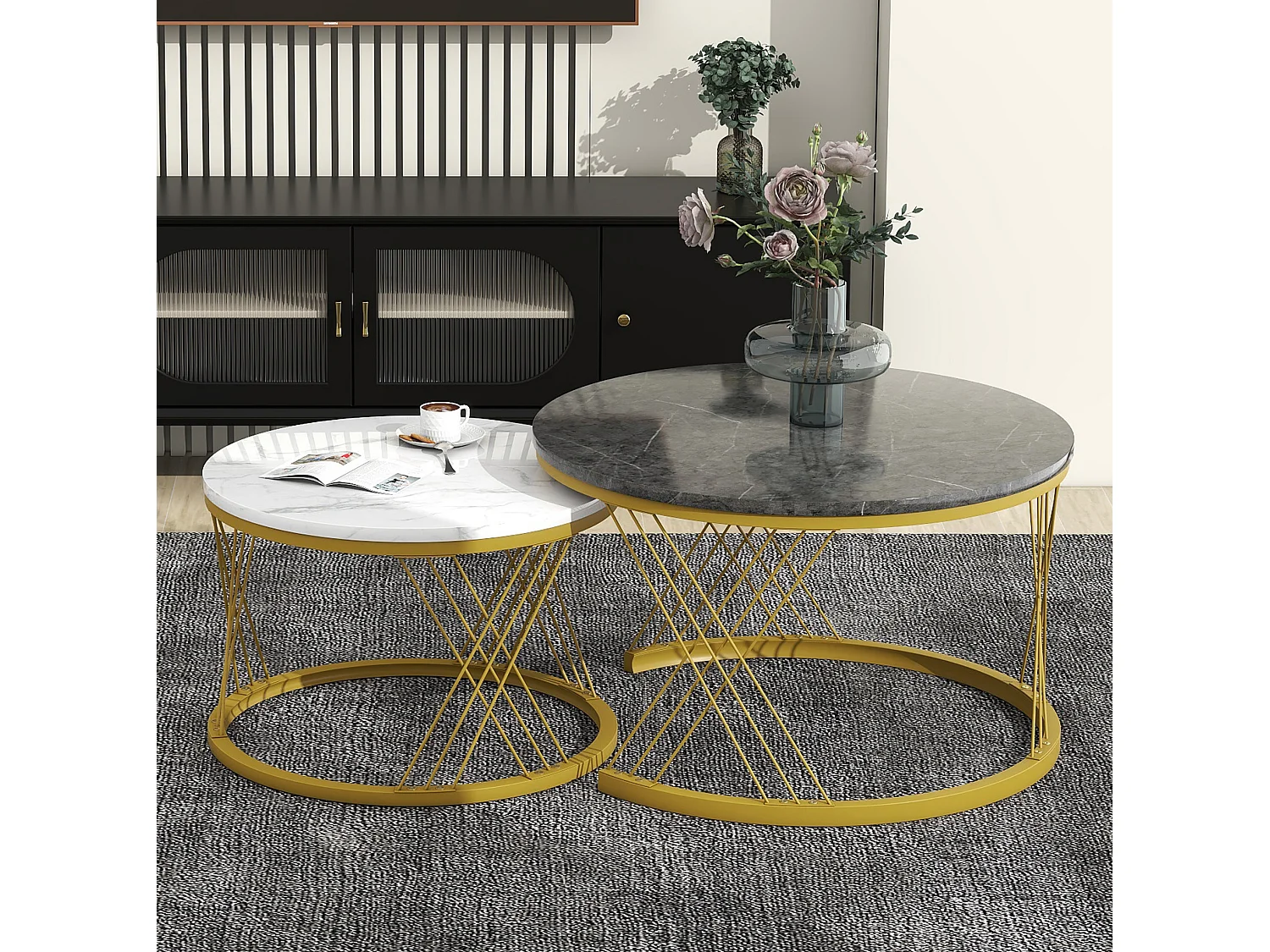 Table basse gigogne 70/70/45 cm avec plateau à motif marbre MDF gris Ensemble 2 pièces