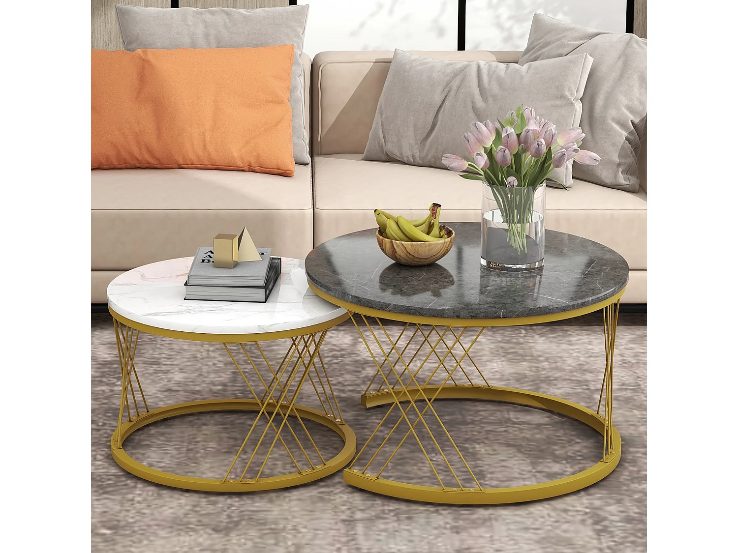 Table basse gigogne 70/70/45 cm avec plateau à motif marbre MDF gris Ensemble 2 pièces