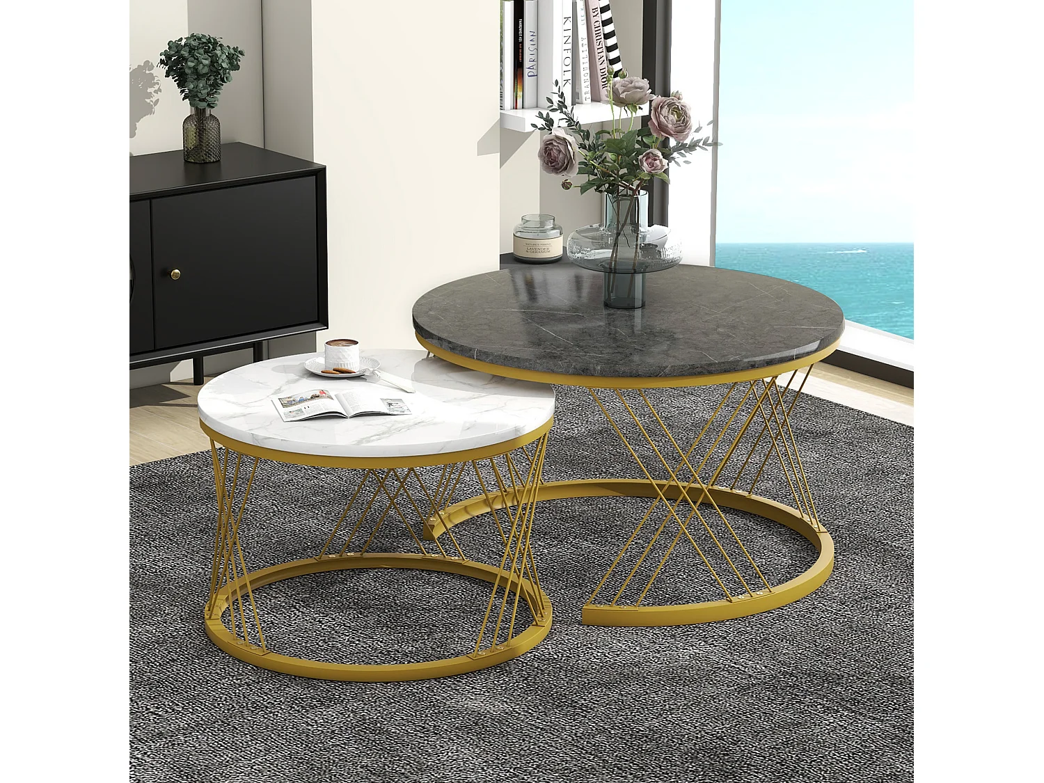 Table basse gigogne 70/70/45 cm avec plateau à motif marbre MDF gris Ensemble 2 pièces