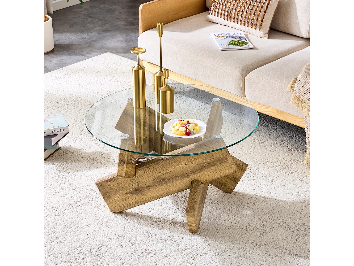 Table basse ronde 79/45 cm avec plateau en verre trempé et piètement croisé MDF bois et transparent