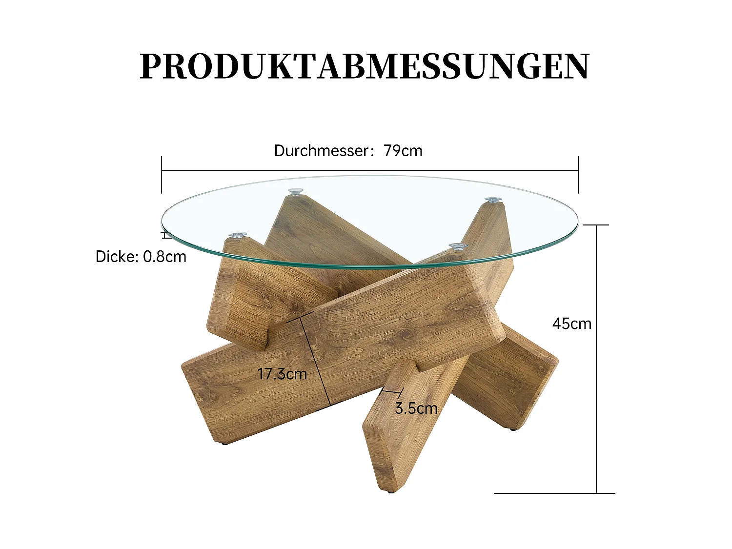 Table basse ronde 79/45 cm avec plateau en verre trempé et piètement croisé MDF bois et transparent