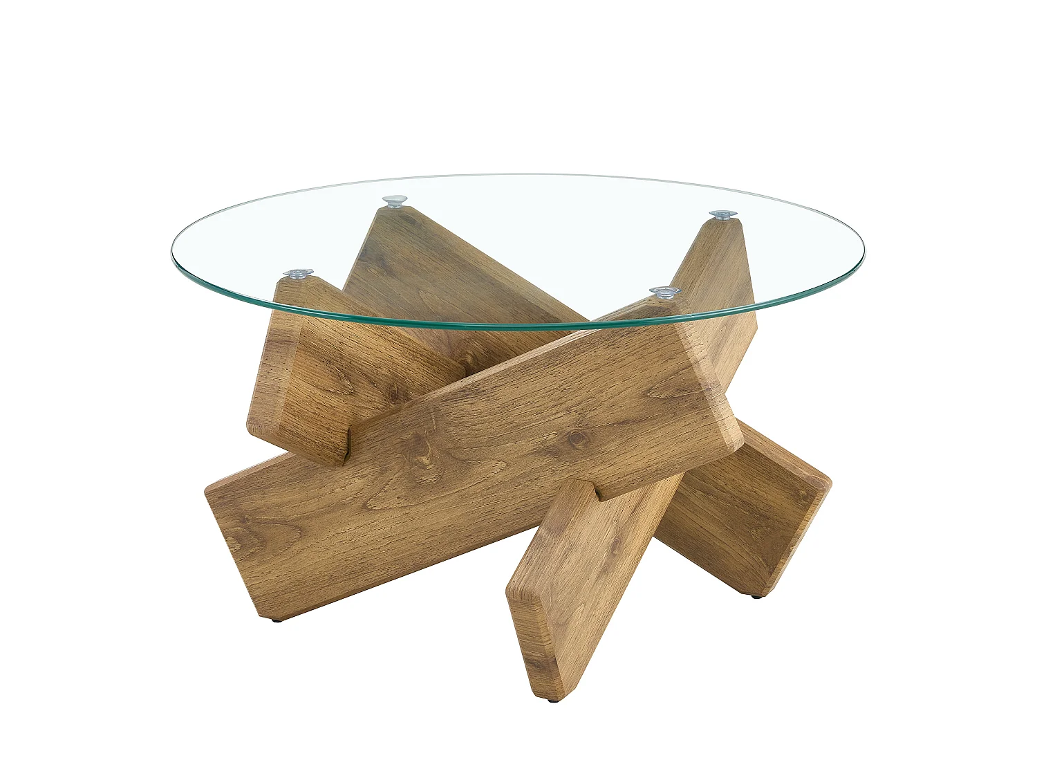 Table basse ronde 79/45 cm avec plateau en verre trempé et piètement croisé MDF bois et transparent