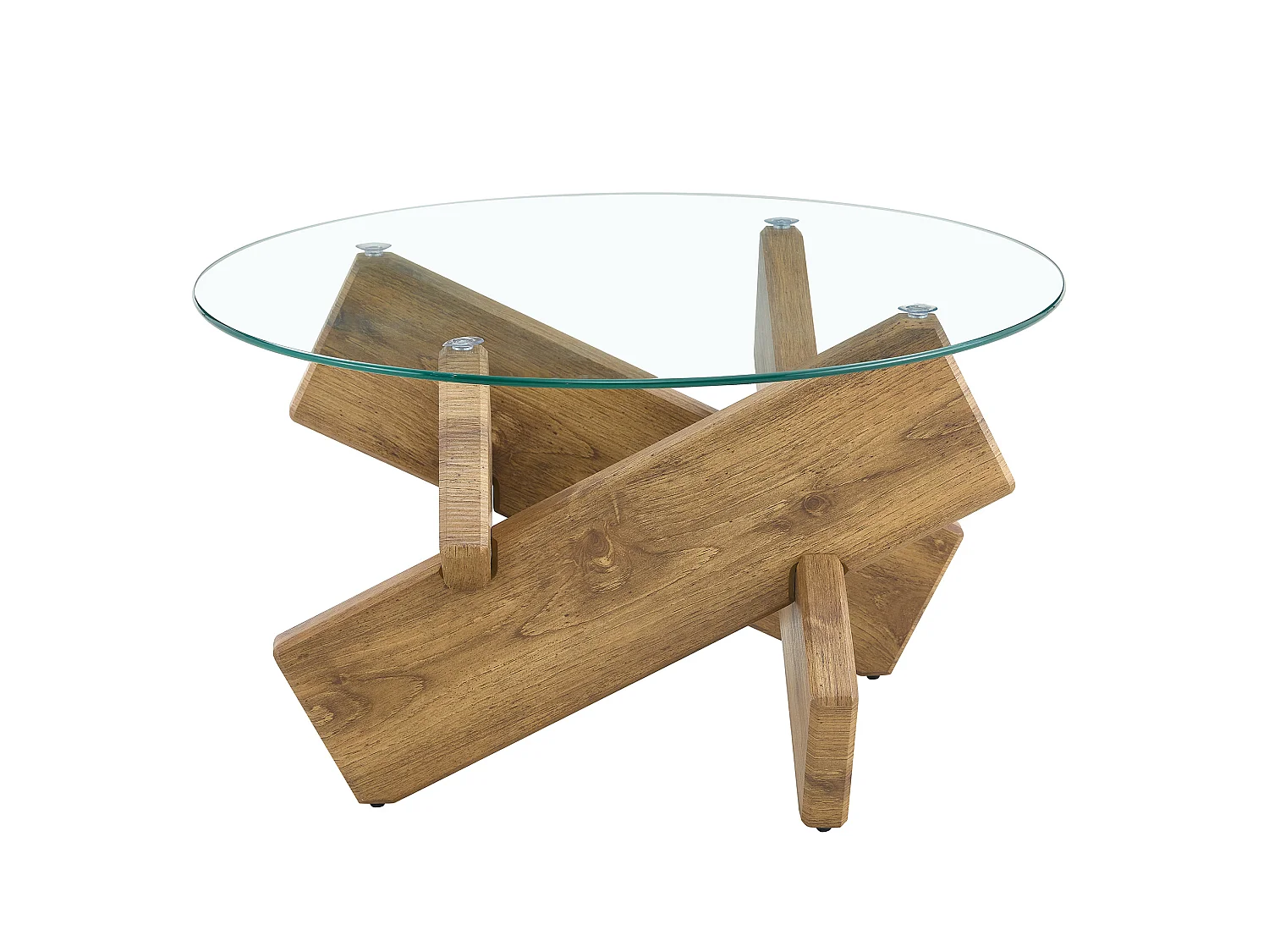Table basse ronde 79/45 cm avec plateau en verre trempé et piètement croisé MDF bois et transparent