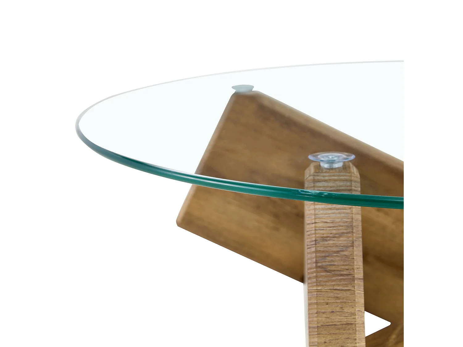Table basse ronde 79/45 cm avec plateau en verre trempé et piètement croisé MDF bois et transparent