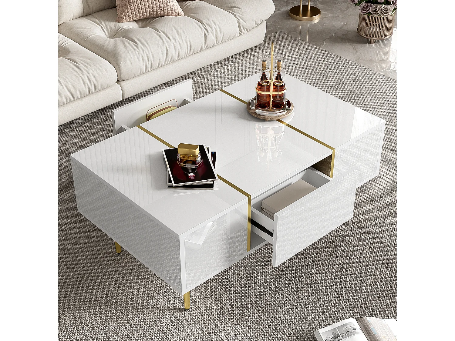 Mesa de centro em MDF branco brilhante com detalhes dourados e 2 gavetas, 100 x 60 cm
