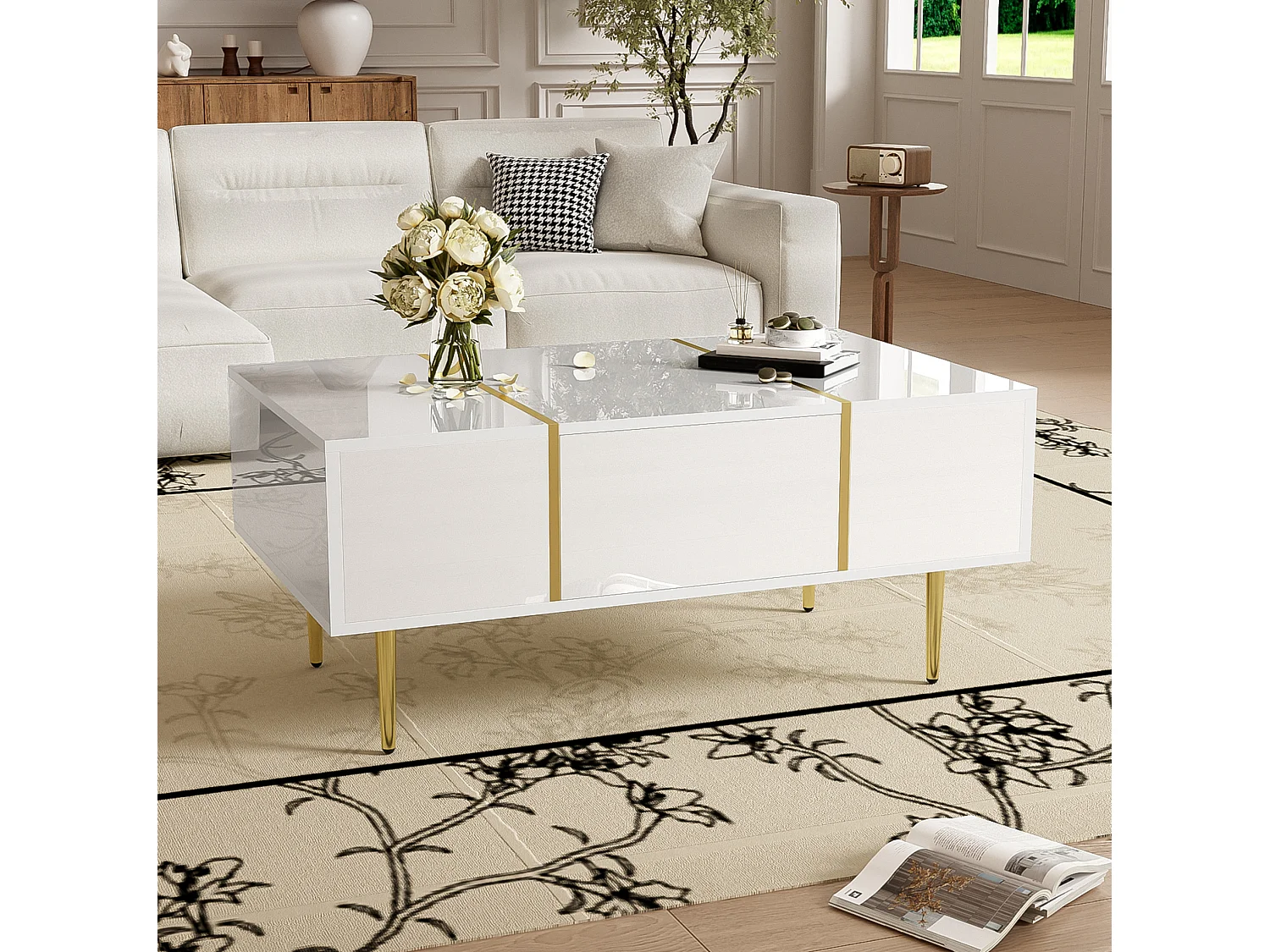 Mesa de centro em MDF branco brilhante com detalhes dourados e 2 gavetas, 100 x 60 cm