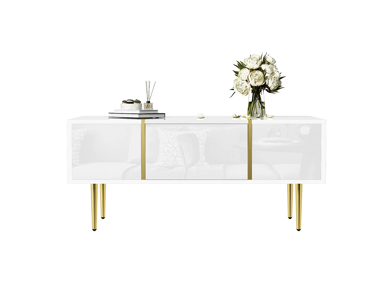 Mesa de centro em MDF branco brilhante com detalhes dourados e 2 gavetas, 100 x 60 cm