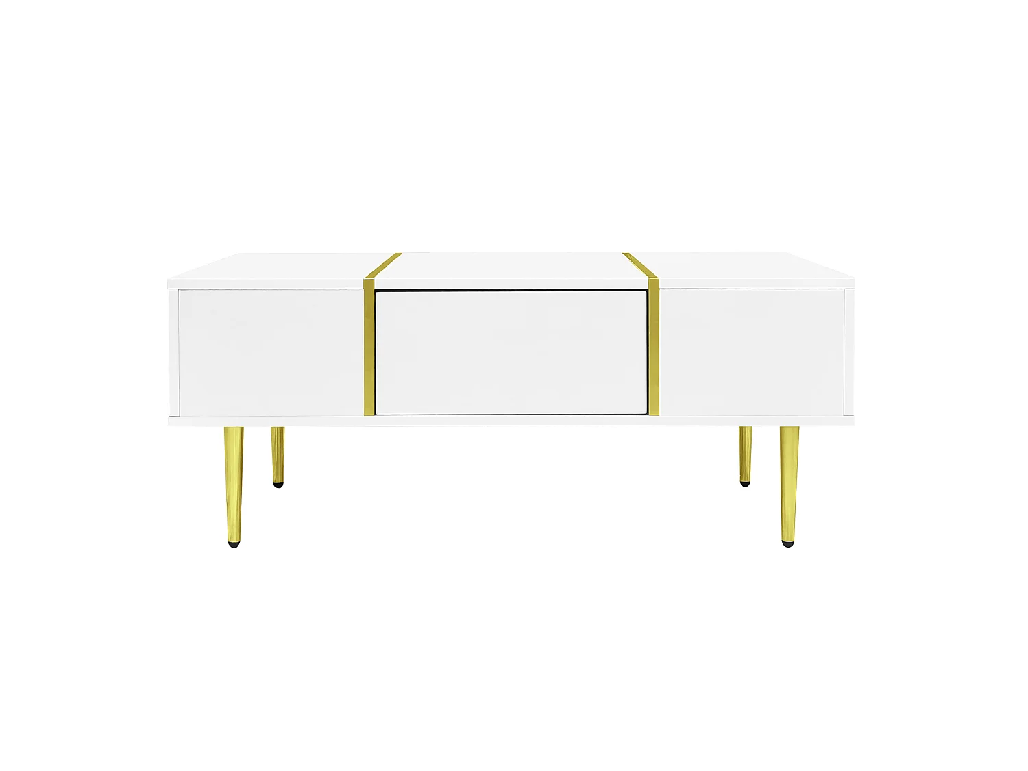 Mesa de centro em MDF branco brilhante com detalhes dourados e 2 gavetas, 100 x 60 cm
