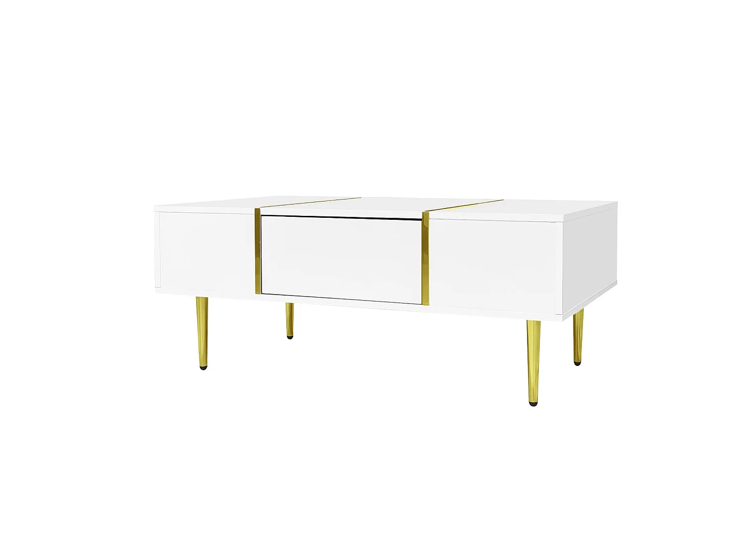 Mesa de centro em MDF branco brilhante com detalhes dourados e 2 gavetas, 100 x 60 cm