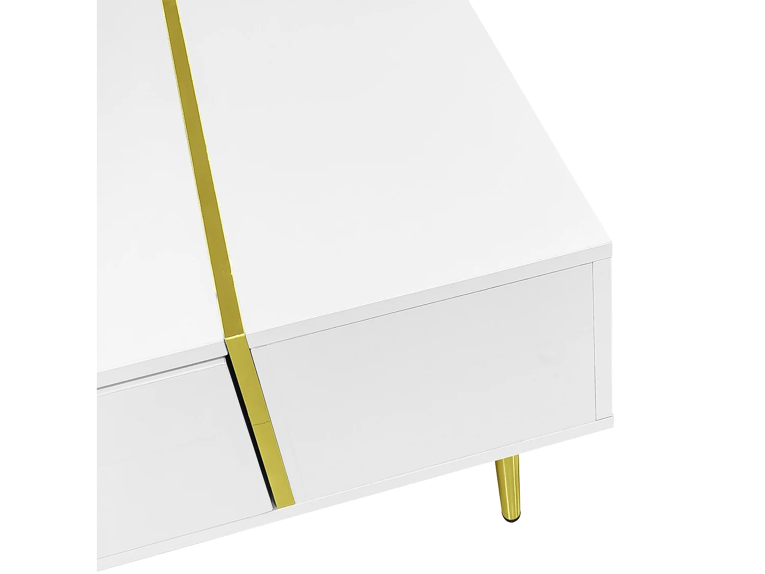 Mesa de centro em MDF branco brilhante com detalhes dourados e 2 gavetas, 100 x 60 cm