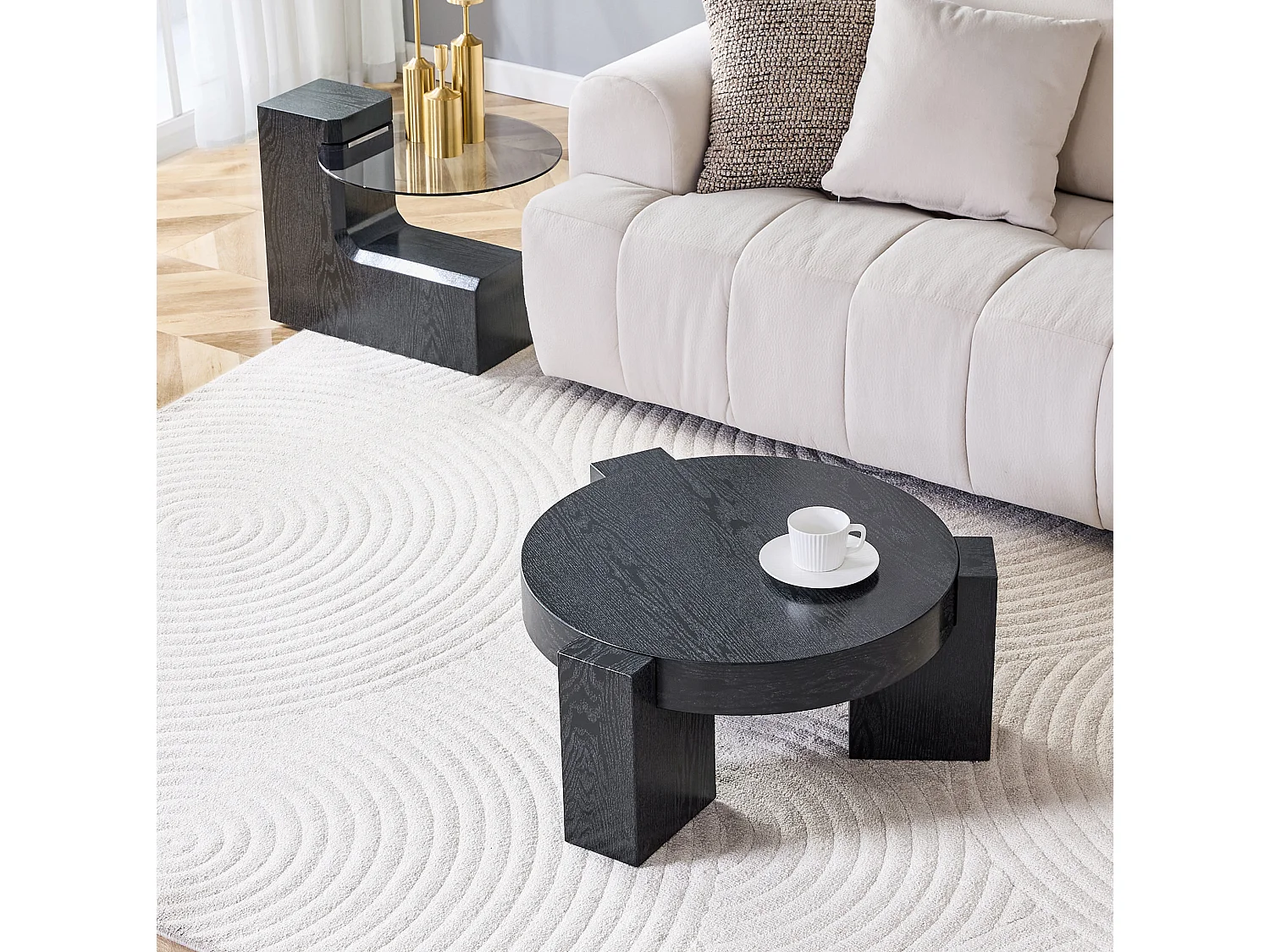 Set di tavolini da salotto in MDF nero e vetro grigio, Ø 61 cm, componibile