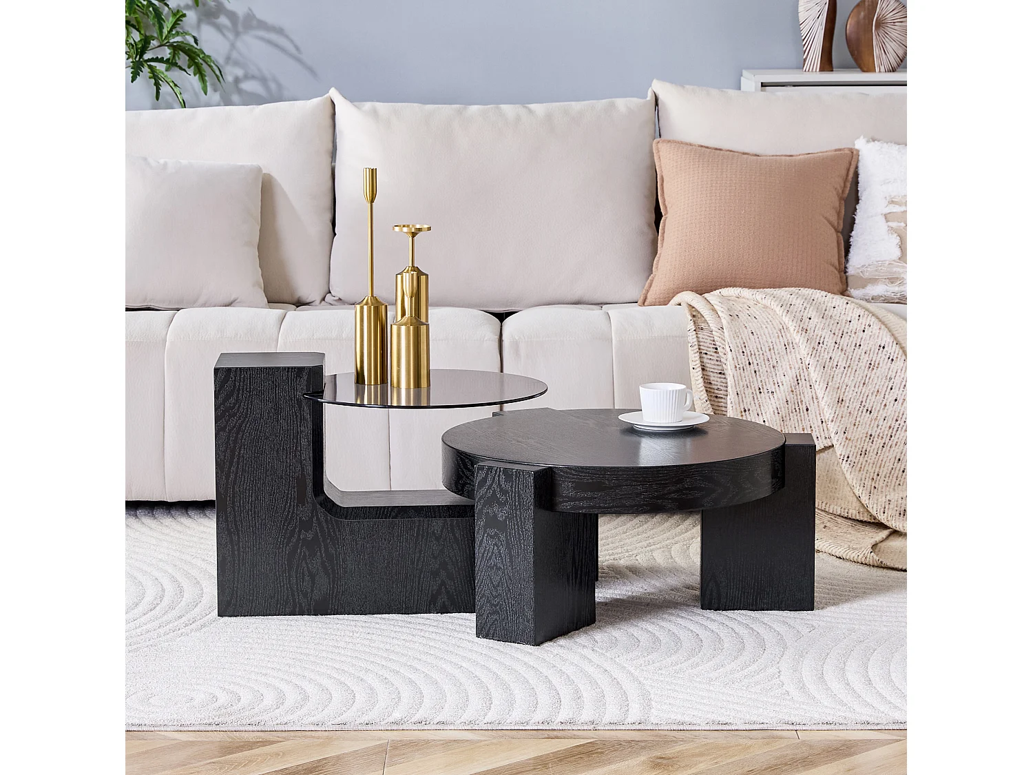 Set di tavolini da salotto in MDF nero e vetro grigio, Ø 61 cm, componibile