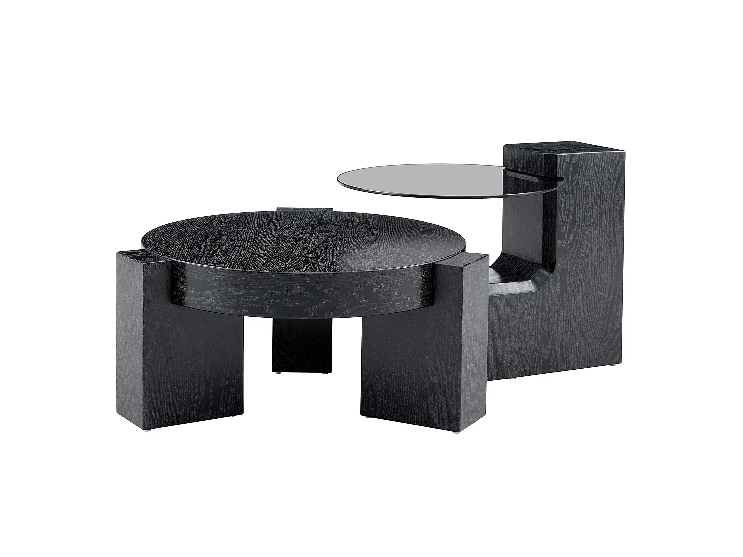 Set di tavolini da salotto in MDF nero e vetro grigio, Ø 61 cm, componibile