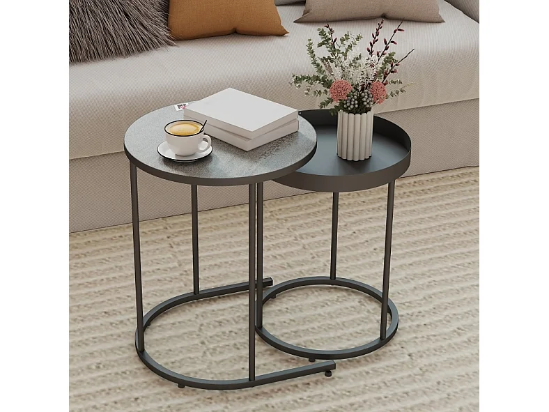 Tables d'appoint gigognes Ø42/54 cm avec plateau antidérapant aspect bois gris et métal noir Ensemble 2 pièces
