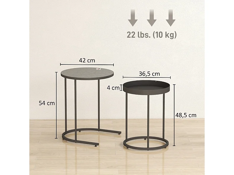 Tables d'appoint gigognes Ø42/54 cm avec plateau antidérapant aspect bois gris et métal noir Ensemble 2 pièces