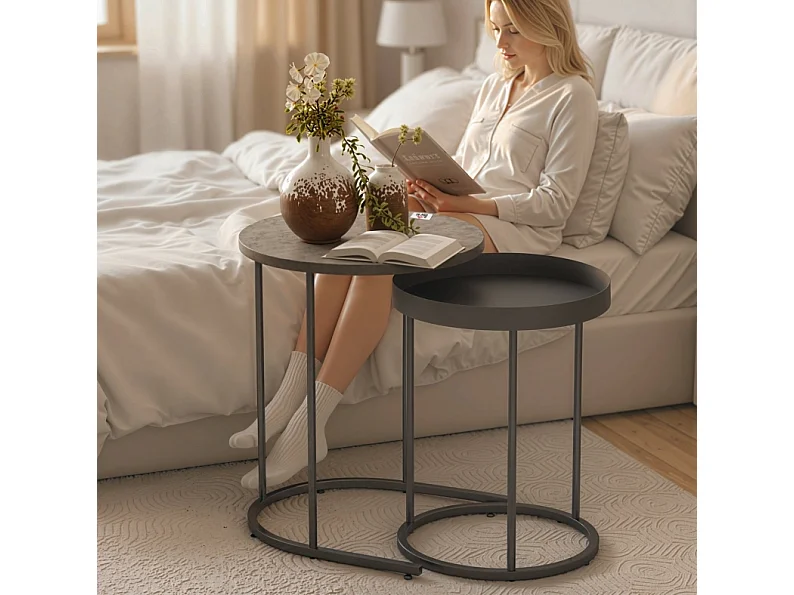 Tables d'appoint gigognes Ø42/54 cm avec plateau antidérapant aspect bois gris et métal noir Ensemble 2 pièces