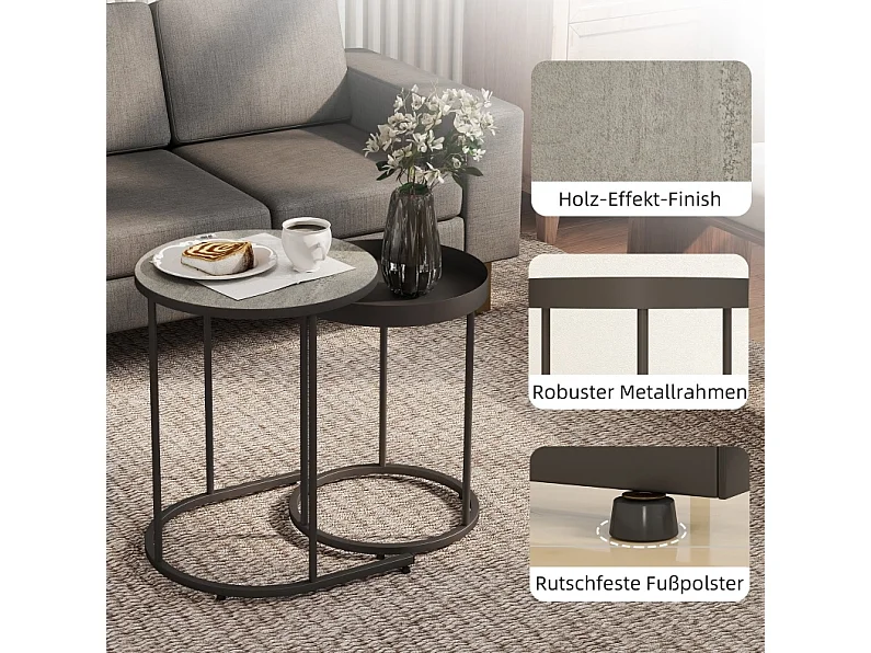 Tables d'appoint gigognes Ø42/54 cm avec plateau antidérapant aspect bois gris et métal noir Ensemble 2 pièces