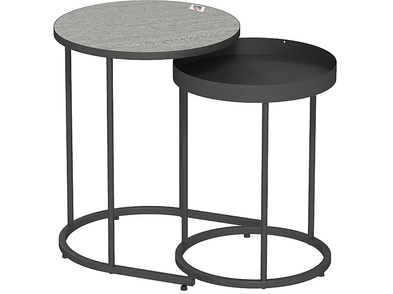 Tables d'appoint gigognes Ø42/54 cm avec plateau antidérapant aspect bois gris et métal noir Ensemble 2 pièces