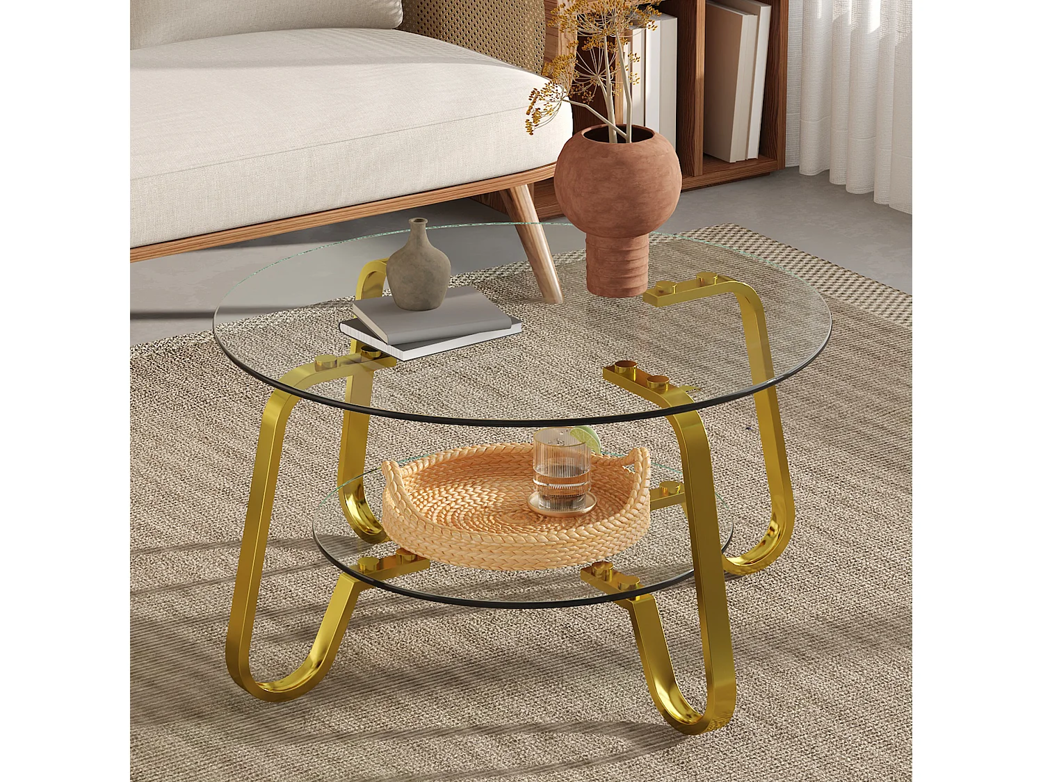 Table basse avec double plateau en verre métal doré
