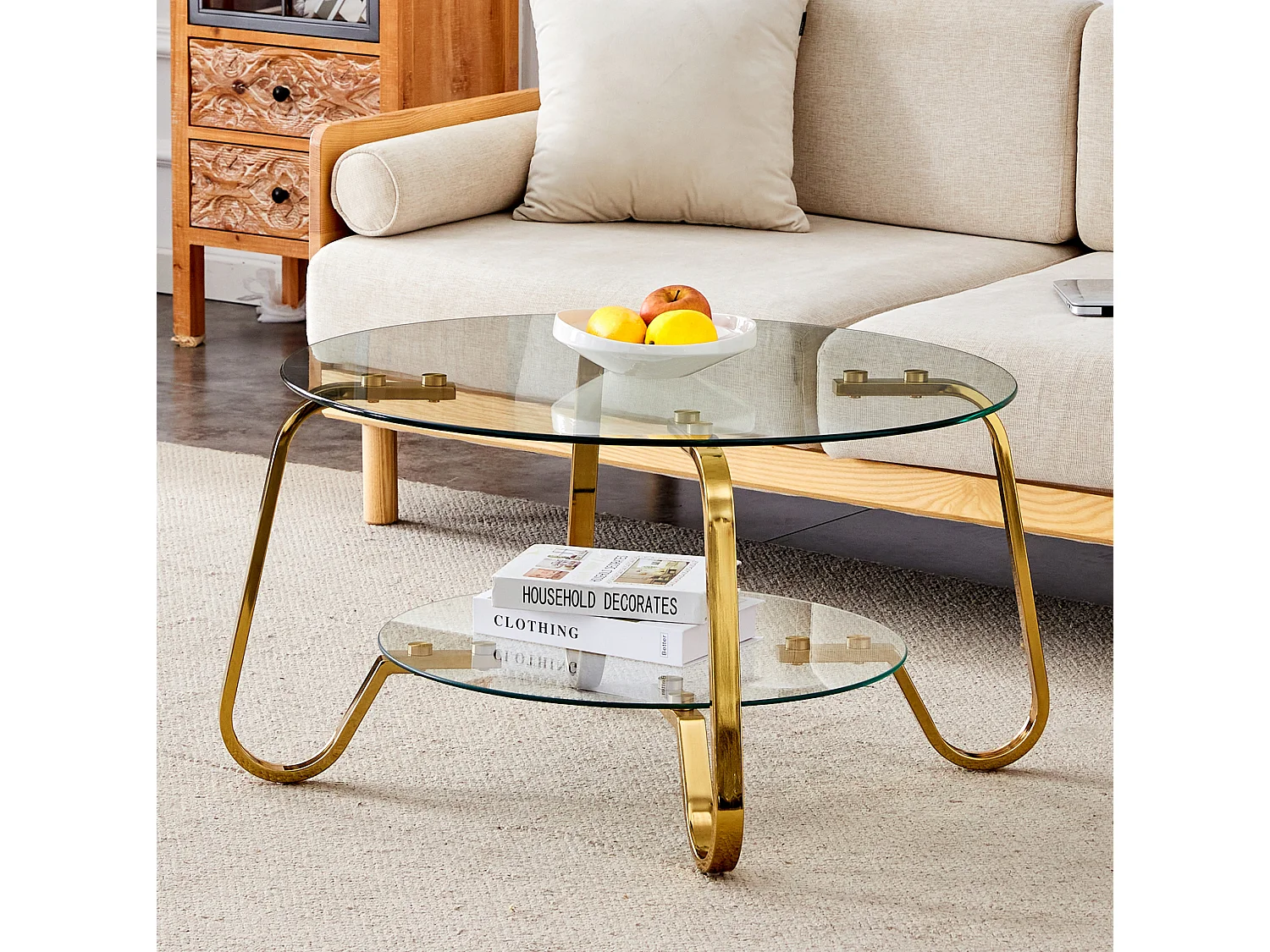 Table basse avec double plateau en verre métal doré