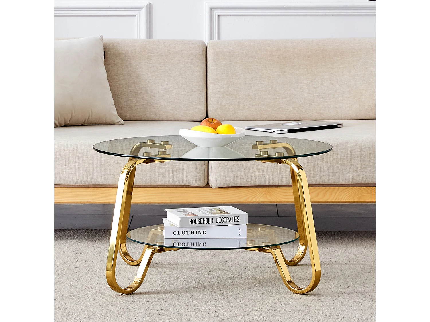 Table basse avec double plateau en verre métal doré