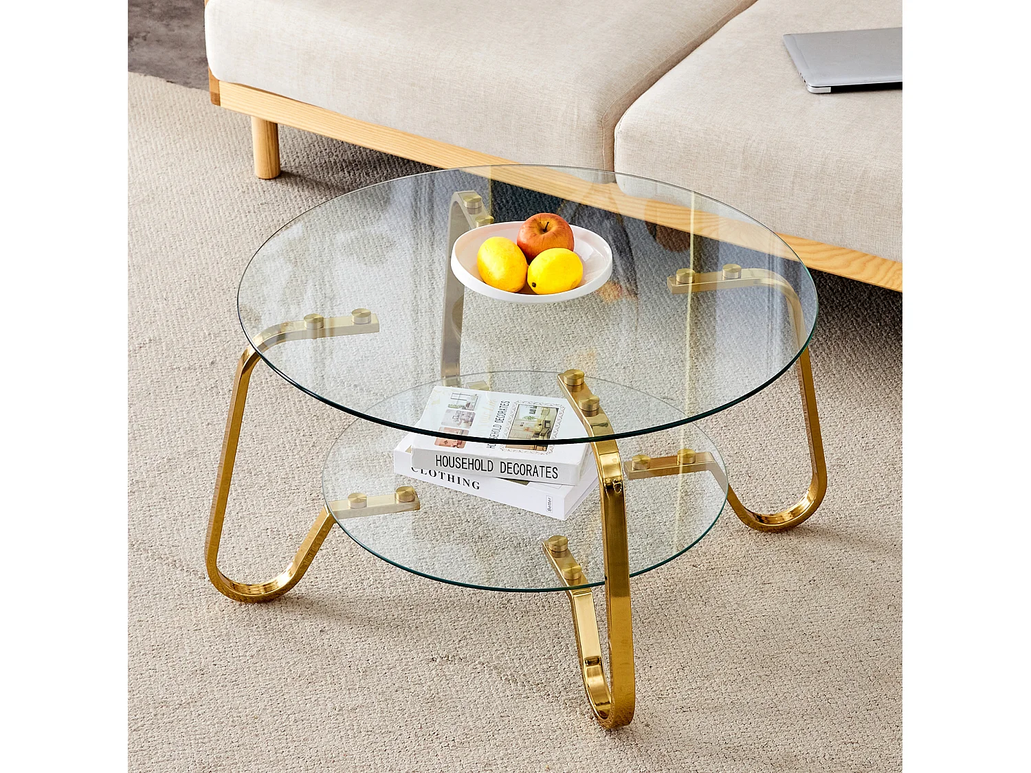Table basse avec double plateau en verre métal doré