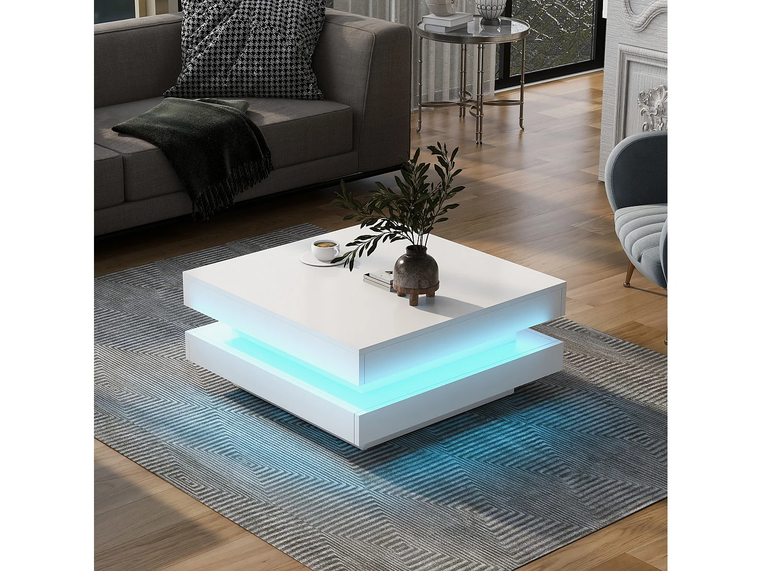 Table basse 70/70/36 cm avec plateau pivotant et éclairage LED Panneau de particules blanc
