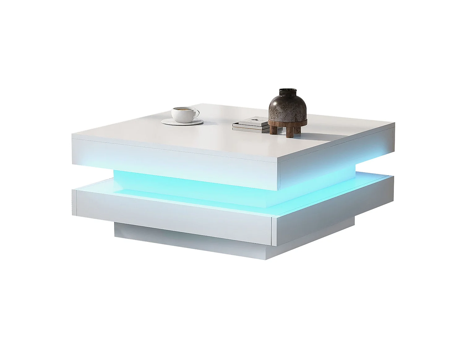 Table basse 70/70/36 cm avec plateau pivotant et éclairage LED Panneau de particules blanc