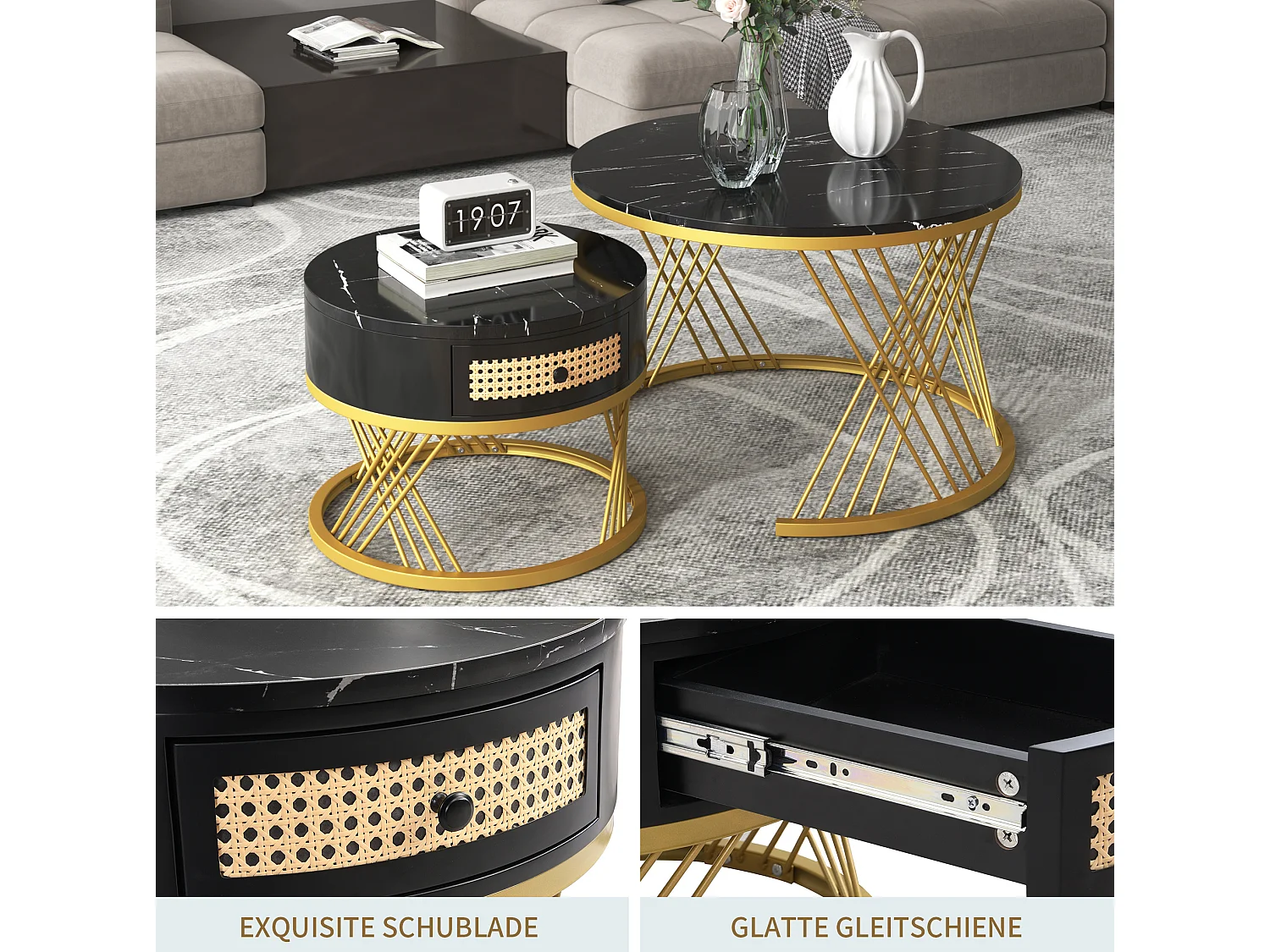 Table basse 70/70/45.5 cm avec rangement MDF noir et doré Ensemble 2 pièces