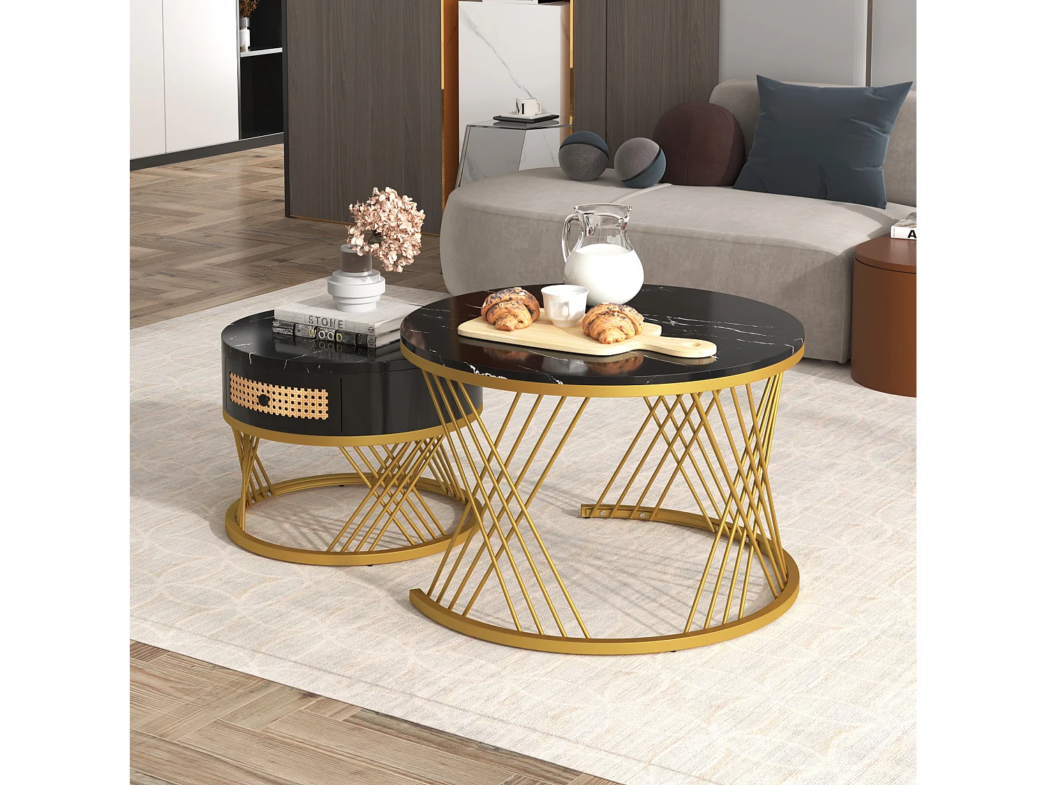 Table basse 70/70/45.5 cm avec rangement MDF noir et doré Ensemble 2 pièces