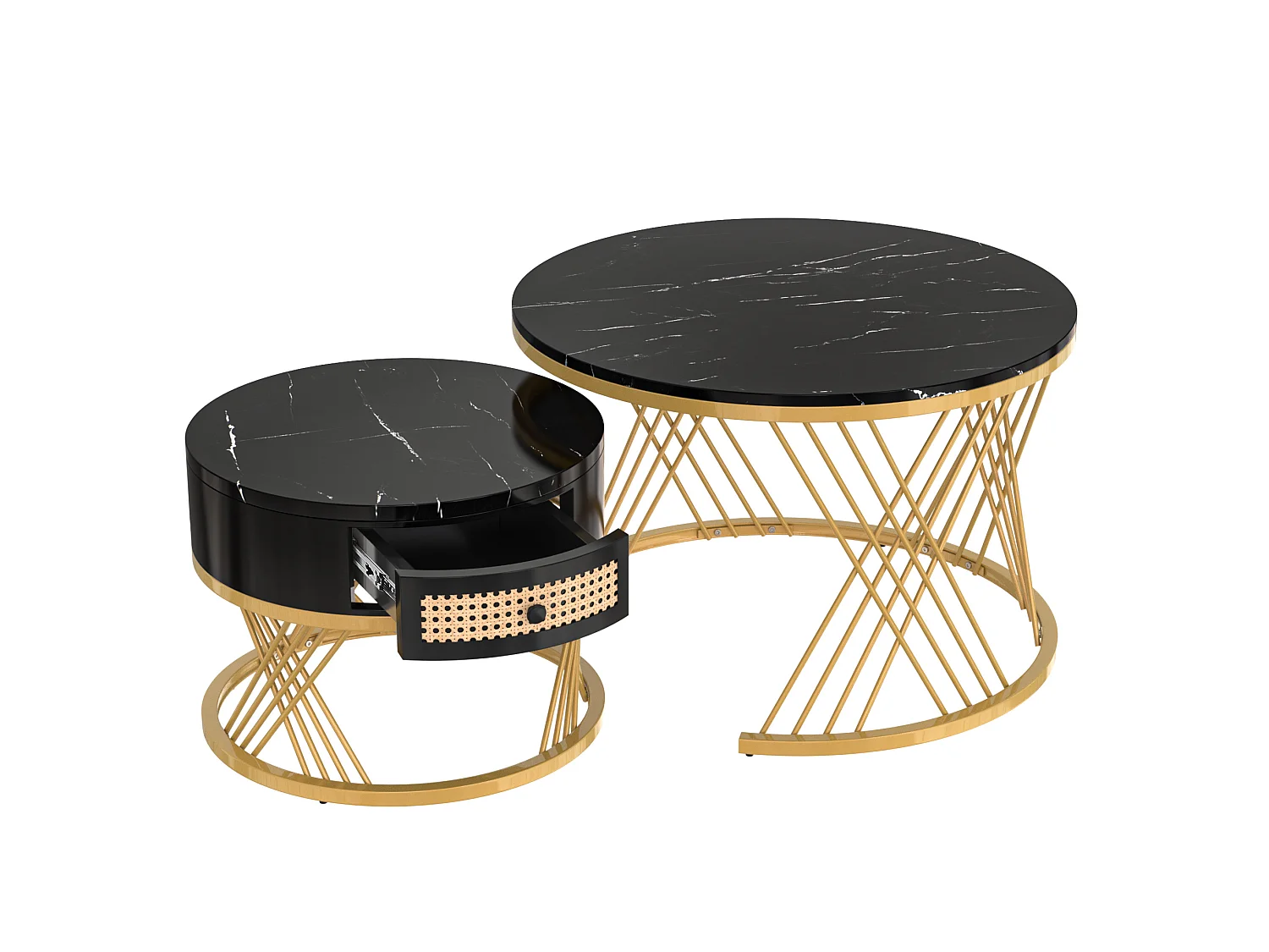Table basse 70/70/45.5 cm avec rangement MDF noir et doré Ensemble 2 pièces
