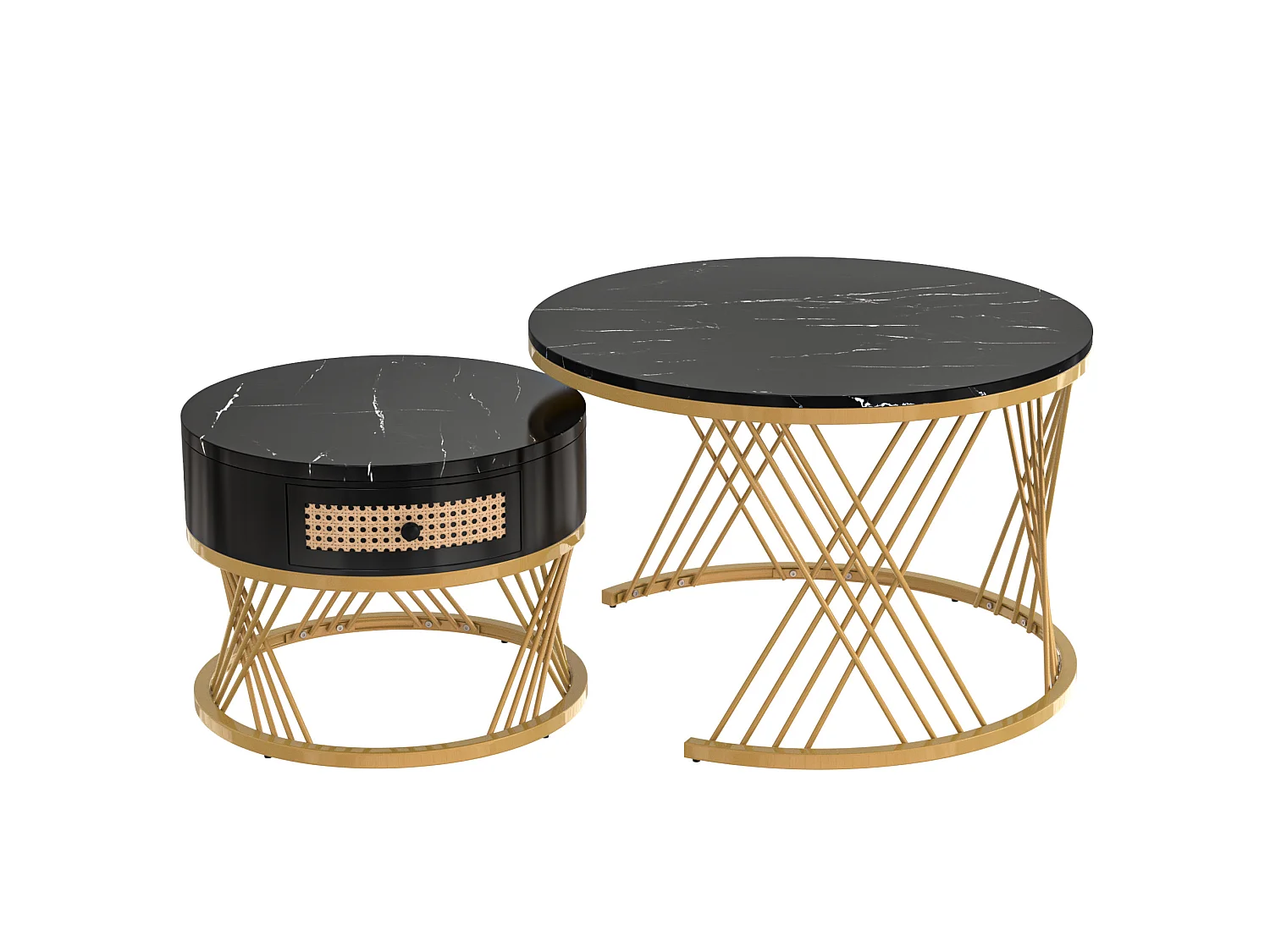 Table basse 70/70/45.5 cm avec rangement MDF noir et doré Ensemble 2 pièces