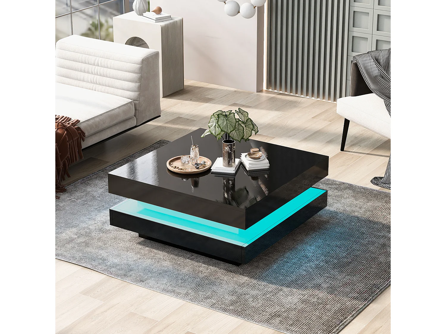 Table basse 70/70/36 cm avec éclairage LED Bluetooth app connectée Noir brillant