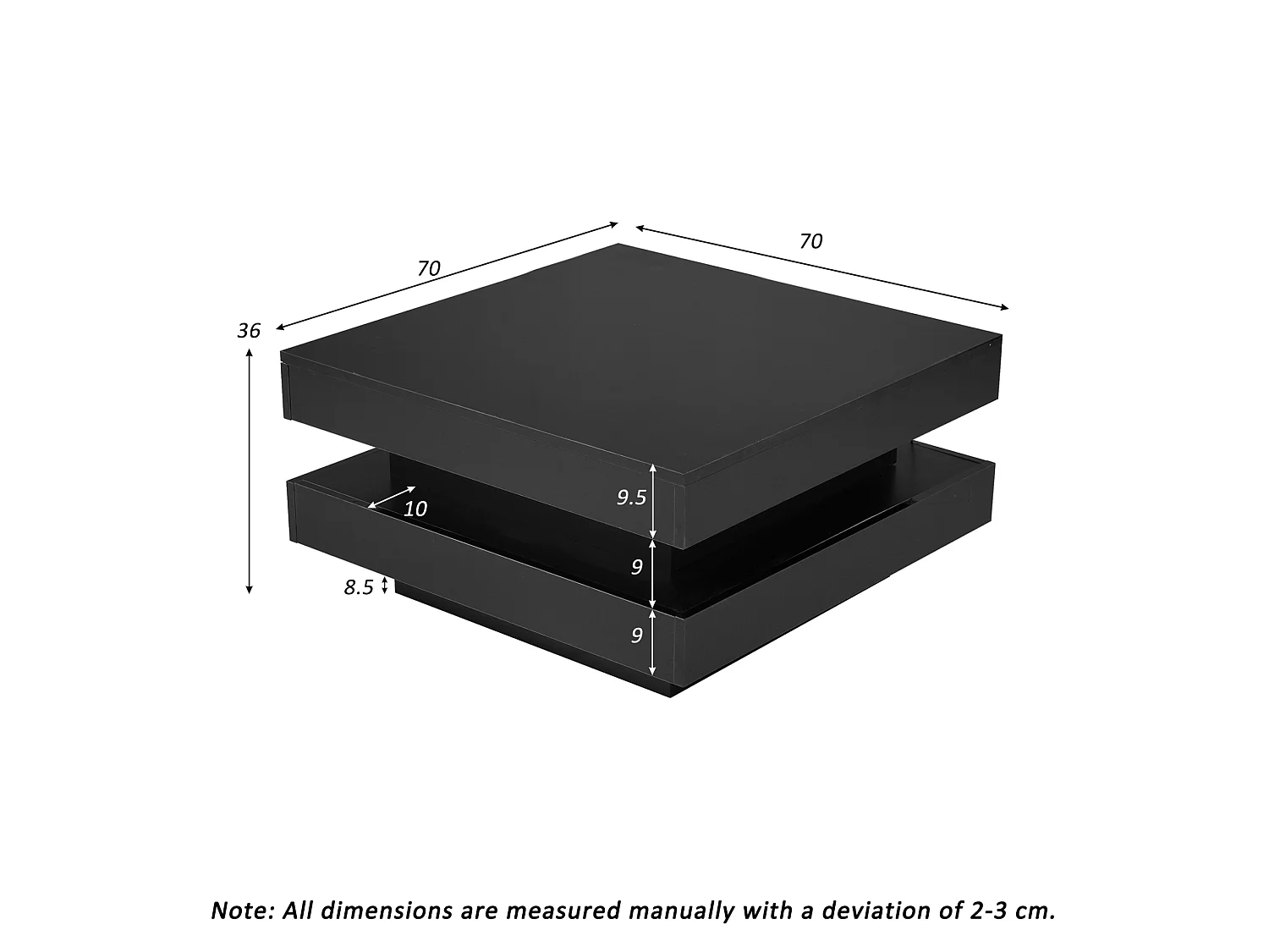 Table basse 70/70/36 cm avec éclairage LED Bluetooth app connectée Noir brillant
