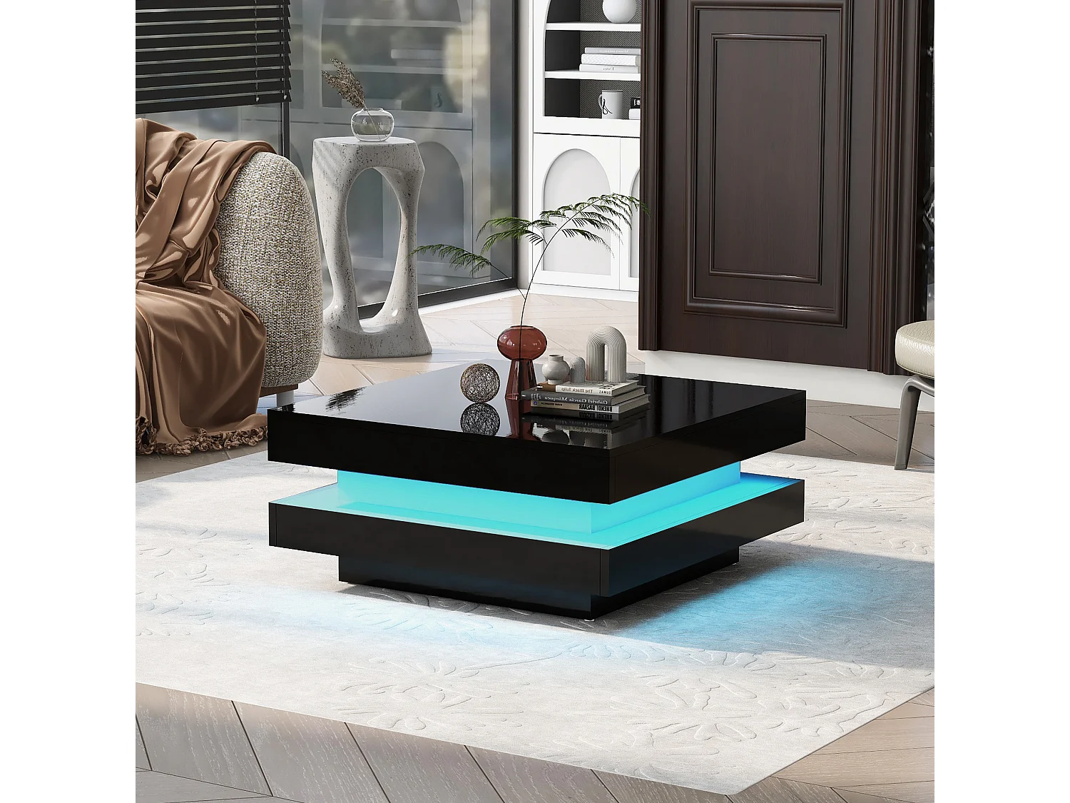 Table basse 70/70/36 cm avec éclairage LED Bluetooth app connectée Noir brillant