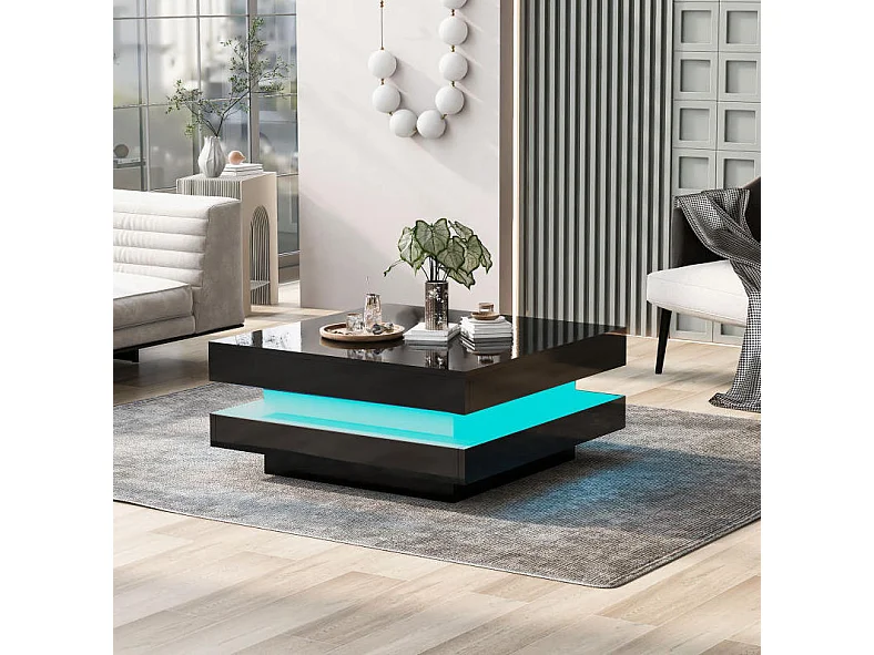 Table basse 70/70/36 cm avec éclairage LED Bluetooth app connectée Noir brillant