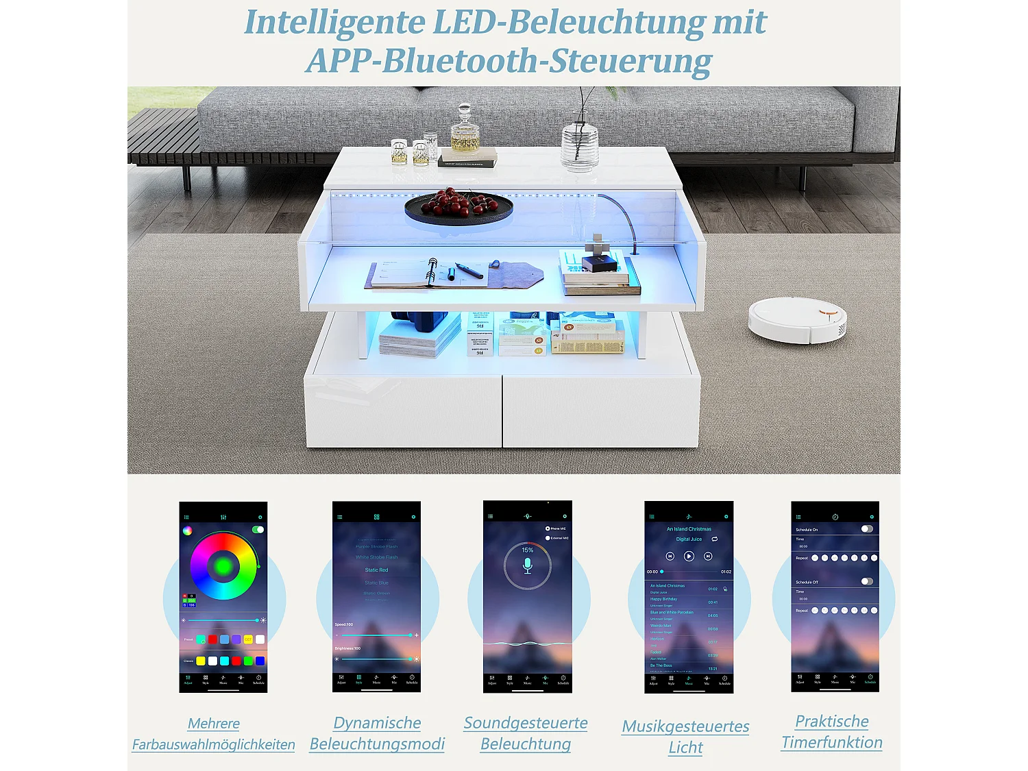 Tavolino da salotto in truciolato e vetro temperato bianco 80 x 80 x 45 cm, piano sollevabile e LED
