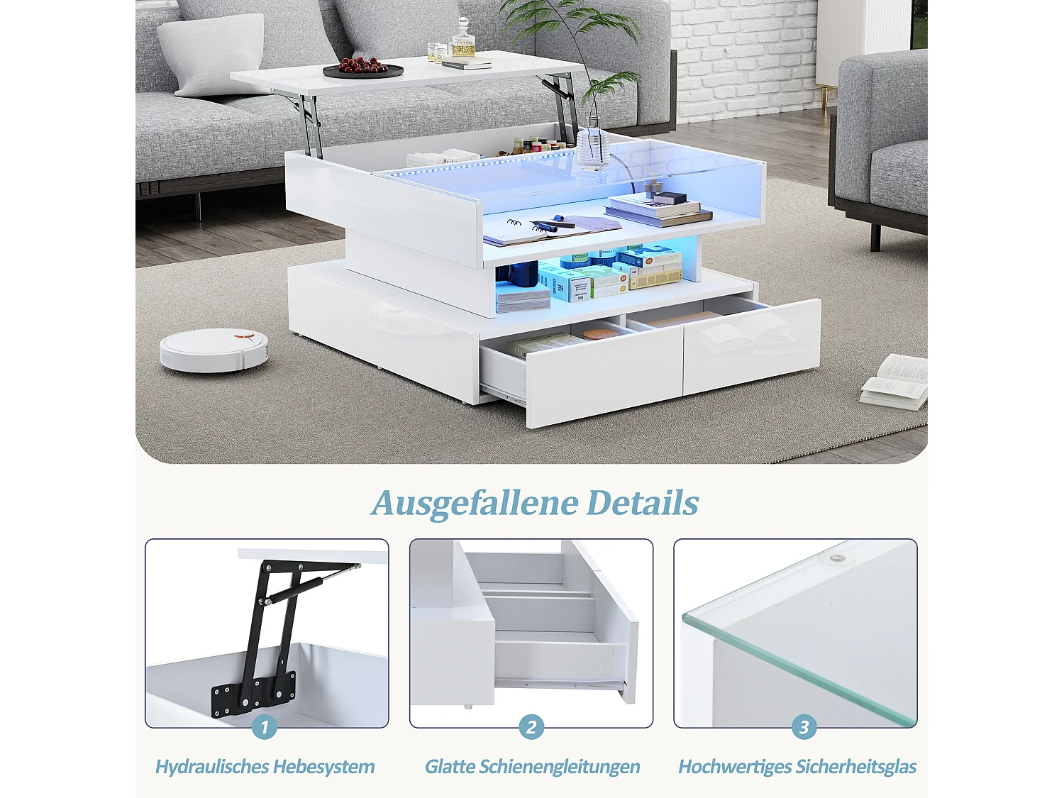 Tavolino da salotto in truciolato e vetro temperato bianco 80 x 80 x 45 cm, piano sollevabile e LED