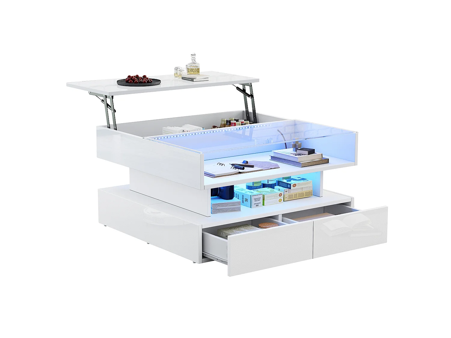 Tavolino da salotto in truciolato e vetro temperato bianco 80 x 80 x 45 cm, piano sollevabile e LED