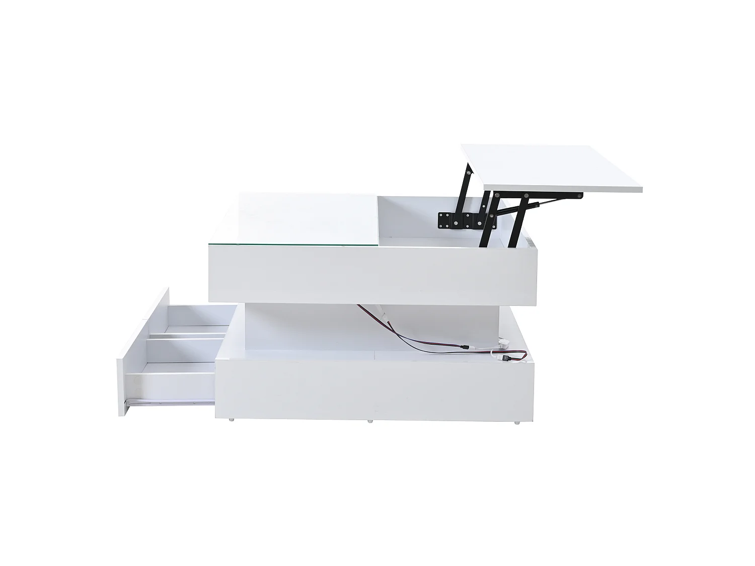 Tavolino da salotto in truciolato e vetro temperato bianco 80 x 80 x 45 cm, piano sollevabile e LED