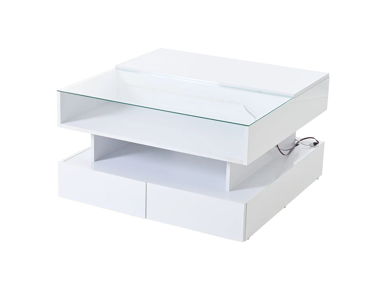 Tavolino da salotto in truciolato e vetro temperato bianco 80 x 80 x 45 cm, piano sollevabile e LED